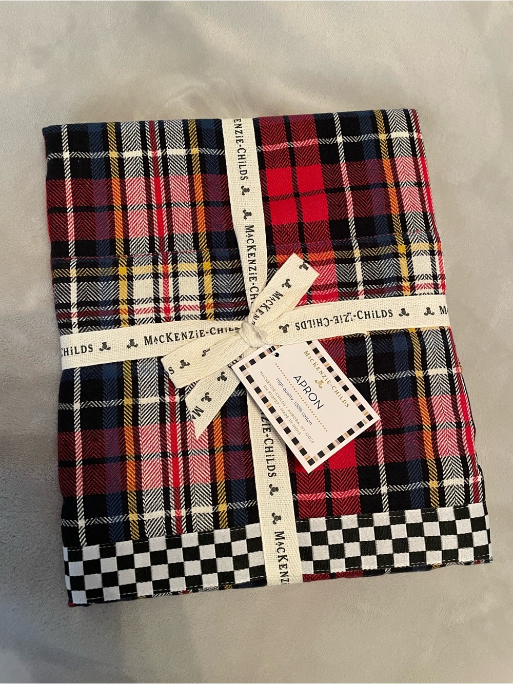MacKenzie-Childs Red, Black & White Plaid Apron with Checker Trim
